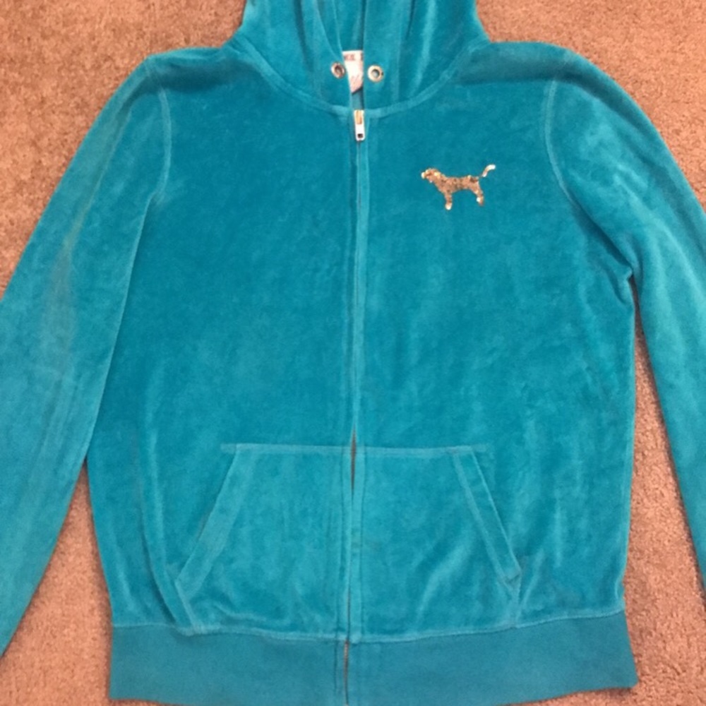 Blue velvet zip up sweater with gold sequins